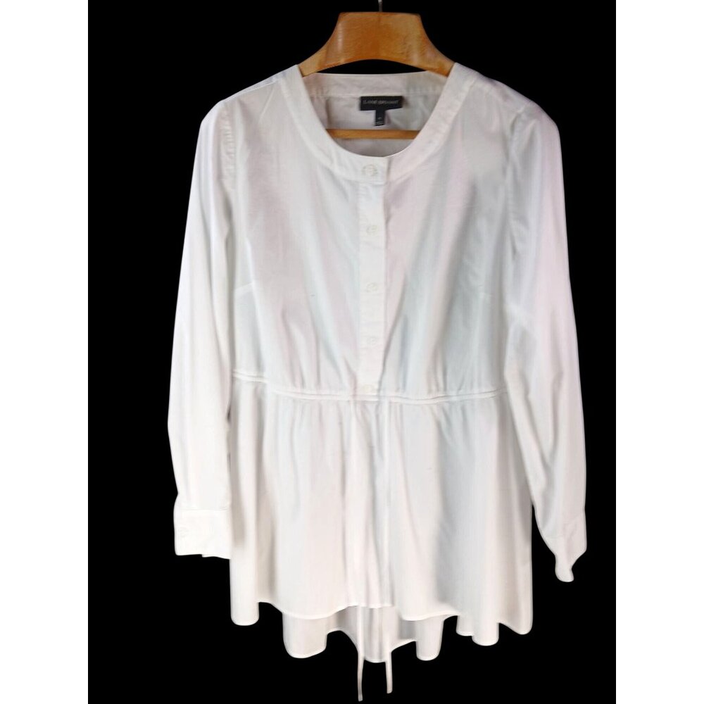 Lane Bryant White Button Front Long Sleeve Tunic Blouse Size 16 Drawstring Waist